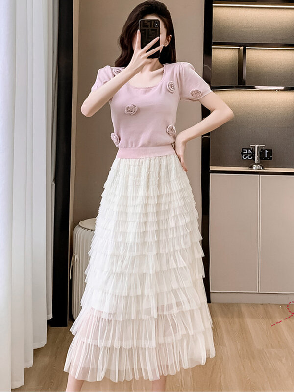 Женский яркий Трикотажный костюм, короткий топ с 3D цветочным принтом и Тюлевая сетчатая длинная юбка с оборками