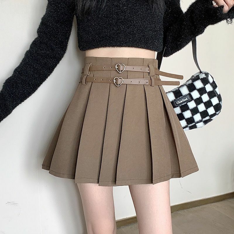 Mini-saia plissada feminina, cintura alta, fina, curta, cinto duplo, fivela decorada, moda Harajuku, Y2K, verão