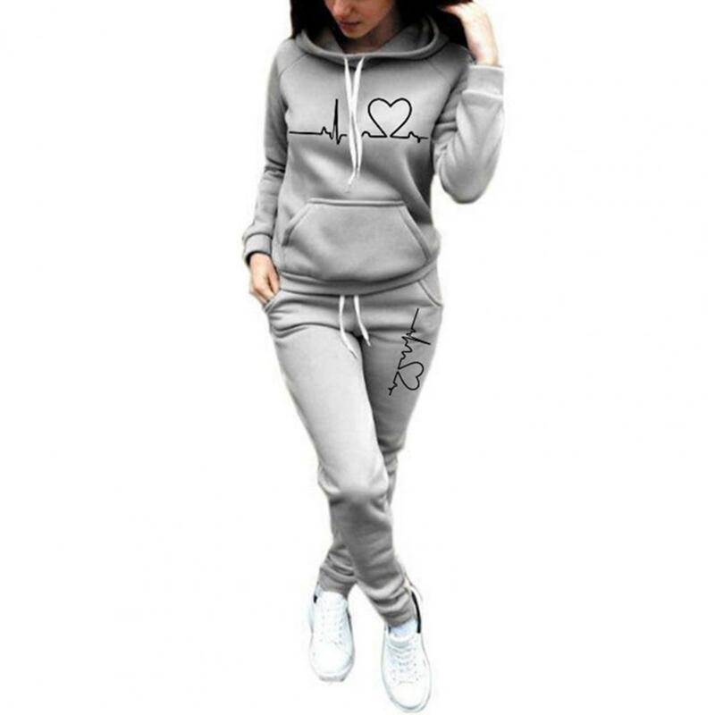 2 Pcs/Set Lady Tracksuit Heart Print Thick Warm Breathable Solid Color Hoodie Suit for Daily Wear