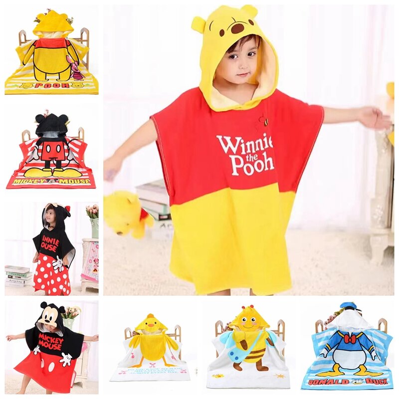 Albornoz suave con capucha para niños y bebés, ropa de algodón con estampado de dibujos animados de Mickey, Minnie y Pooh, transpirable y absorbente de agua