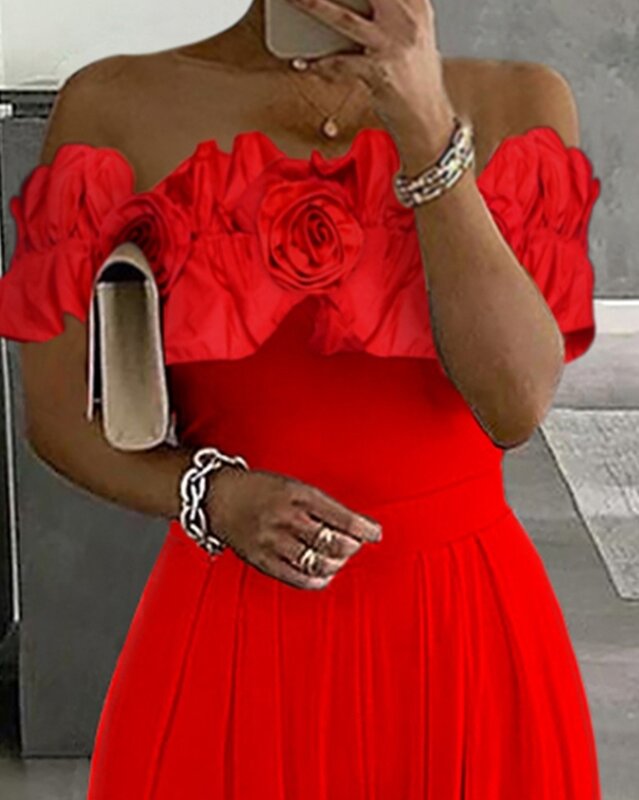 Женский комбинезон с открытыми плечами, пикантный топ с коротким рукавом и брюки длиной талии, комбинезон с широкими штанинами и цветочным принтом роз