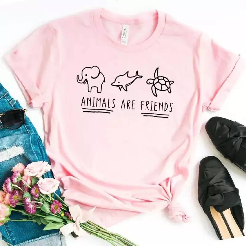 Top de algodão feminino, Animais São Amigos, Elefante, Tartaruga, Hipster, T-Shirt Engraçada, Presente para Senhora, Yong Girl