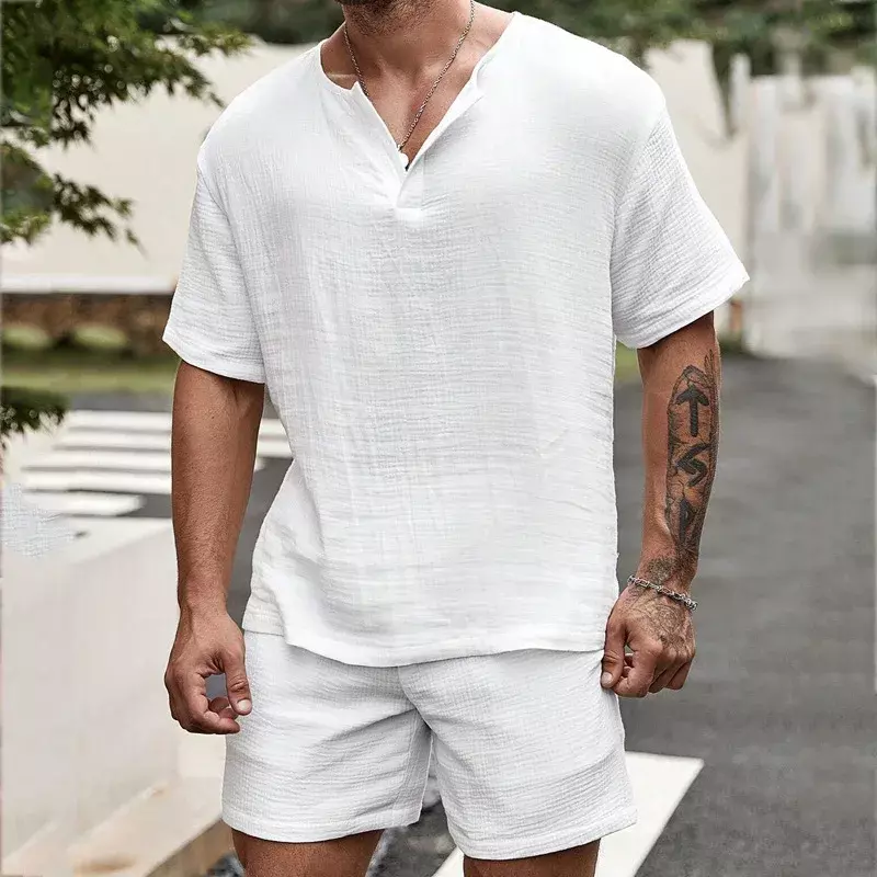 2024 Men's Set Summer Loose Casual Solid V-neck Short Sleeved Shirt Shorts Two Piece Set for Men