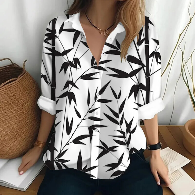 Women's Spring Summer Shirt Fashion Loose Button Lapel Plant Print Top Party Elegant Long Sleeve 2024 New