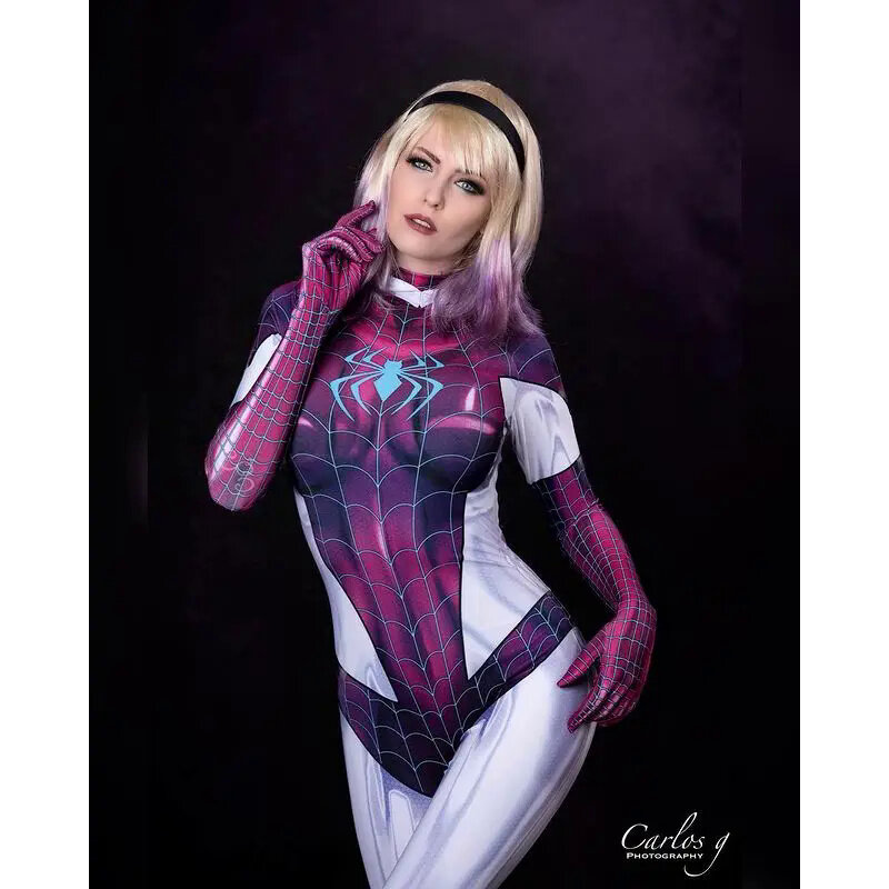 Feminino super-herói Zentai Suit para adultos e crianças, Halloween Costume, brilhante Gwen, Spidercosplay, Bodysuit completo, Macacão, Meninas