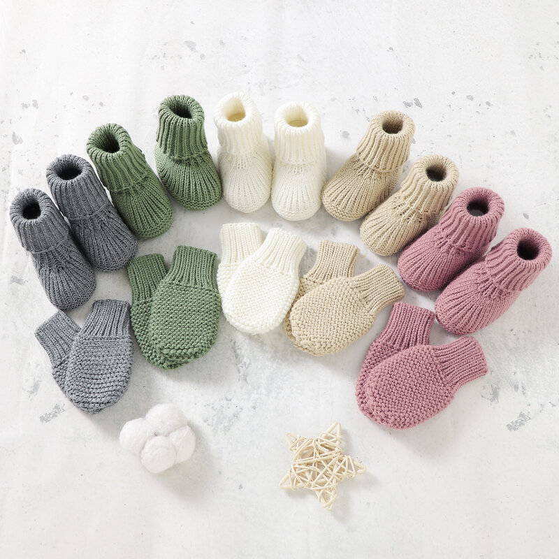 Newborn Baby Shoes + Gloves Set Knit Infant Girl Boy Boots Mitten Fashion Solid 2PC Toddler Kid Slip-On Bed Shoes Handmade 0-18M