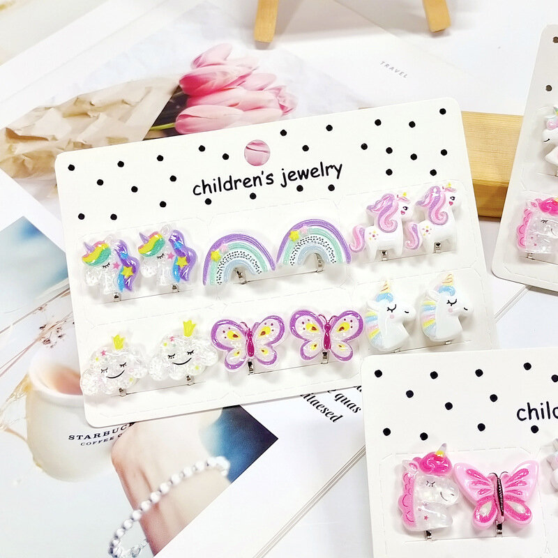 귀여운 유니콘 나비 피어싱 방지 클립, 어린이 및 여아용 귀걸이, 크리스마스 선물, 6PRS/세트, 신제품