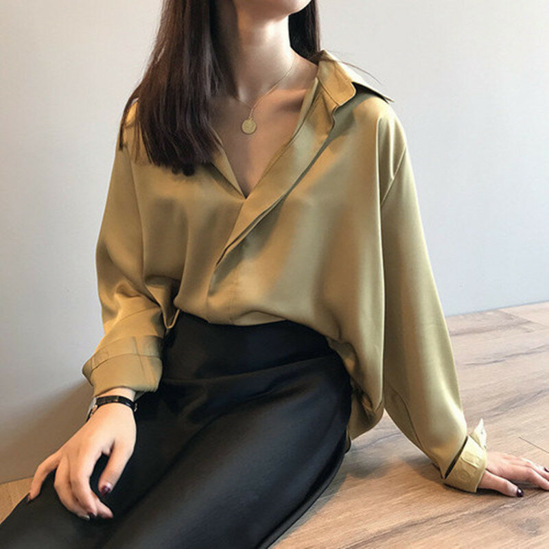 Women's Spring V-Neck Loose Fitting Black Silk Top Korean Casual Solid Color Long Sleeve Lapel Cardigan Office Lady T-Shirt