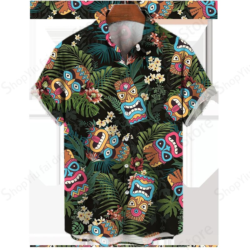 قميص شاطئ بأكمام قصيرة للرجال والنساء ، طباعة جماجم عرقية ، موضة غير رسمية ، قميص هاواي ، مضحك ، ياقة مطوية ، بلوزة استوائية