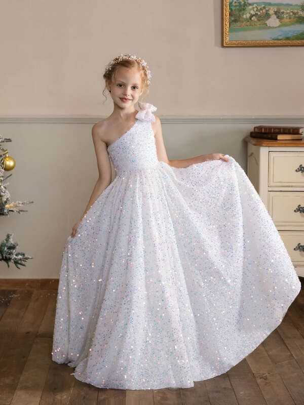 Exquisite One-Shoulder Velvet Sequin Flower Girls' Dresses for Wedding Sleeveless A-Line Floor-Length Backless Formal Dress