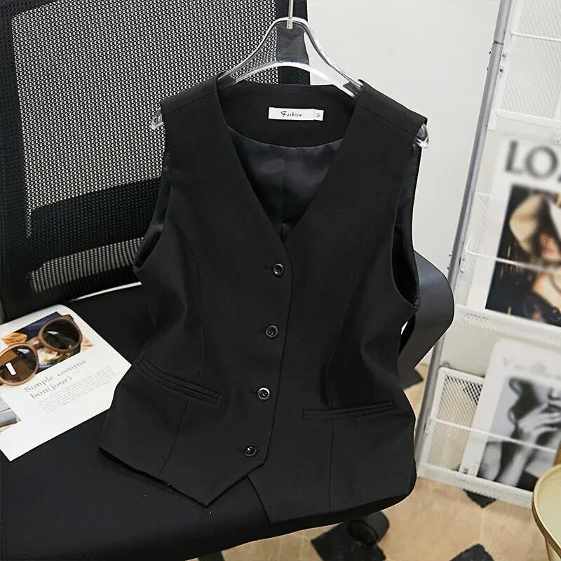 2024 Vintage Fashion Knoop Voor V-Hals Vest Casual Effen Kleur Mouwloos Pak Vest Nieuwe Forens Elegante Dames Eenvoudig Chic