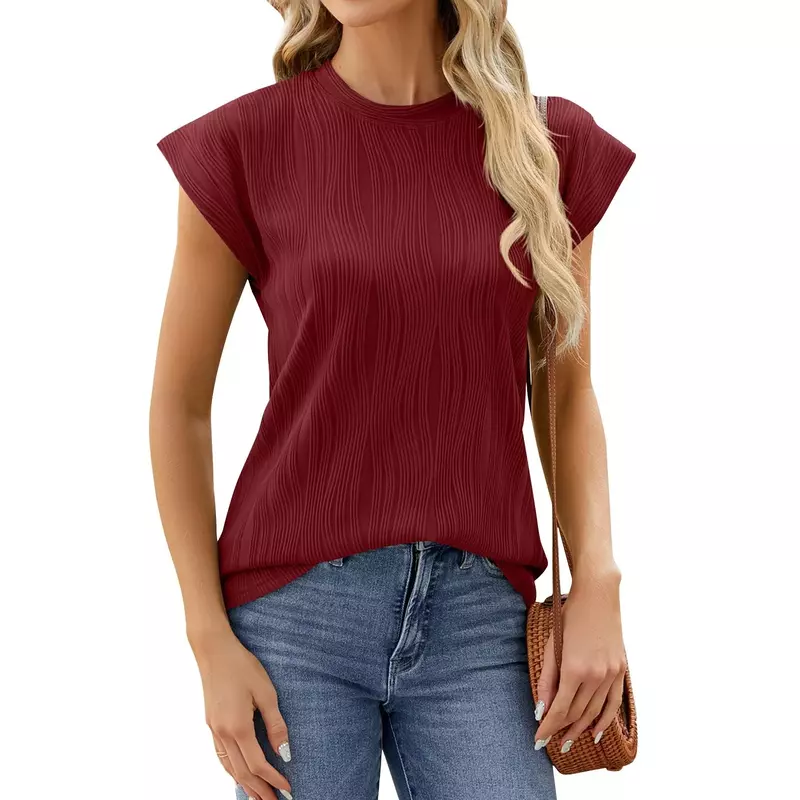 Camiseta sin mangas de verano para mujer, vestido con puños de hombro cubiertos, cuello redondo, Color sólido, 2024