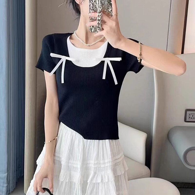 Summer Round Neck Fake Two Pieces Bow Knitting T-shirt Ladies Casual Fashion All-match Pullover Tops Women Short Sleeve Slim Tee
