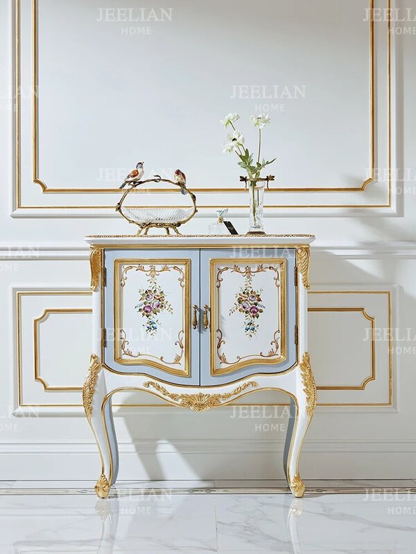 Ruang tamu mewah kabinet dekoratif kayu padat dalam gaya Perancis, lukisan bunga ditarik tangan indah dan romantis, foil emas