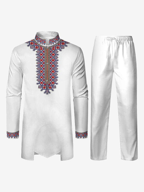 Men's Muslim Robe Two Pieces Clothes and Trousers Middle Eastern Arab Costume Muslim Prayer Clothing 2-Pcs Muslim Print Clothes