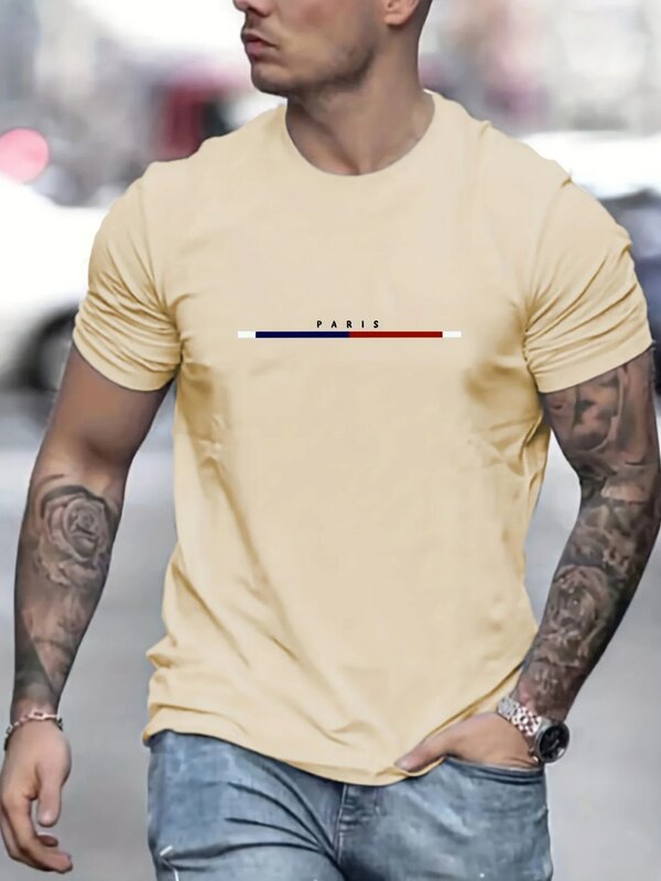 Camiseta de manga curta Paris masculina, blusa solta, 100 algodão