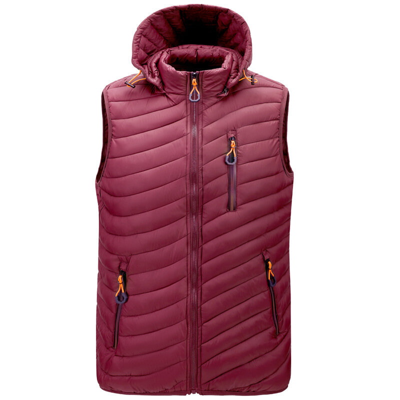 Jaket tanpa lengan pria, mantel pinggang berlapis hangat luar ruangan tahan angin berkerudung warna polos musim dingin ringan