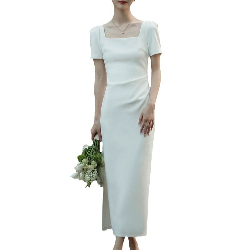 2024 nowy francuski styl Slim Fit kwadratowy dekolt-długa suknia wieczorowa z plisowaną talią dla kobiet w lecie