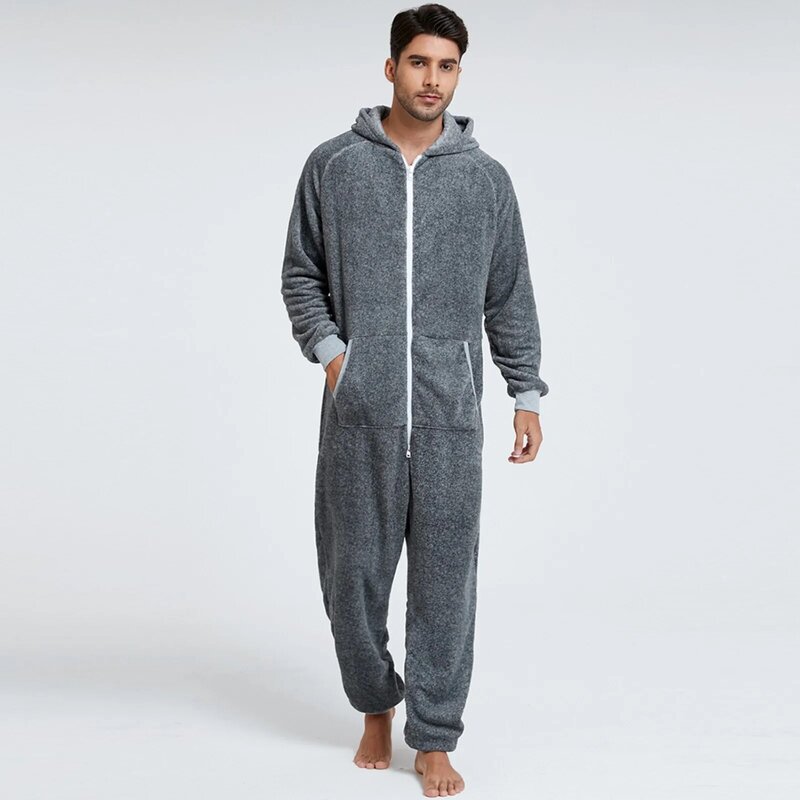 Men Warm Fleece Onesie Fluffy Sleep Lounge Adult Sleepwear One Piece Pyjamas Male Jumpsuits Hooded Sleepwear For Adult Male