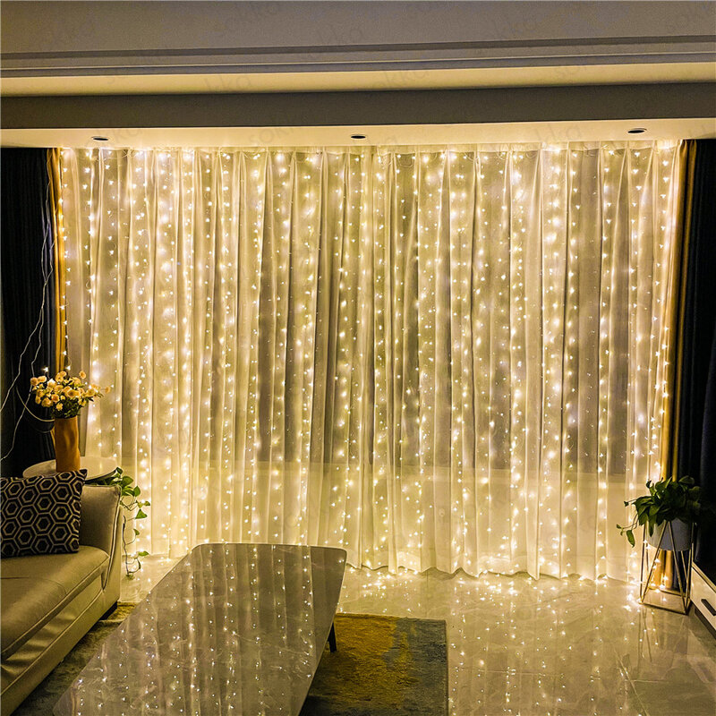 Guirnalda de luces LED para decoración navideña, cortina con Control remoto por USB, luces de hadas para dormitorio y hogar