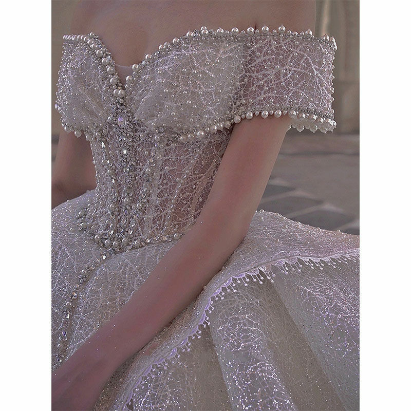 Luksusowe perły suknia ślubna suknia ślubna dubaj Arabia błyszczące cekiny kryształ wielowarstwowa suknia ślubna damska suknia De Mariée
