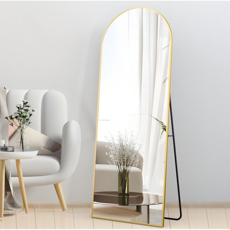 Полноразмерное зеркало, напольное зеркало с аркой 64 х21 дюйма и подставкой, золотистое изогнутое Полноразмерное вертикальное или наклонное зеркало для спальни