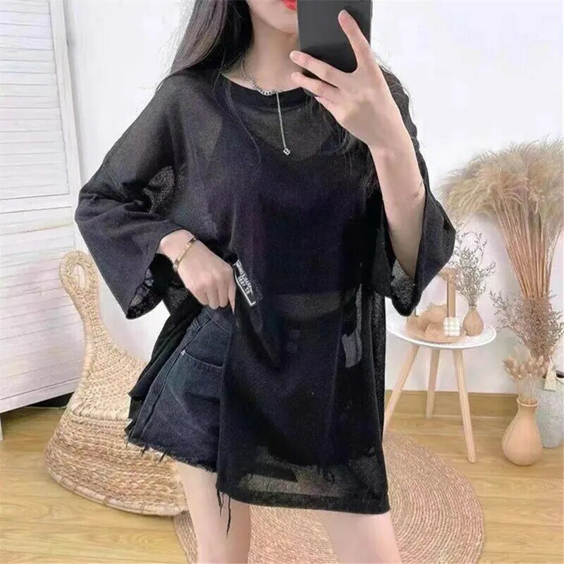 Primavera verão nova fenda blusa protetora sexy t camisa feminina moda fina preto pulôver solto médio e longo de malha superior coreano