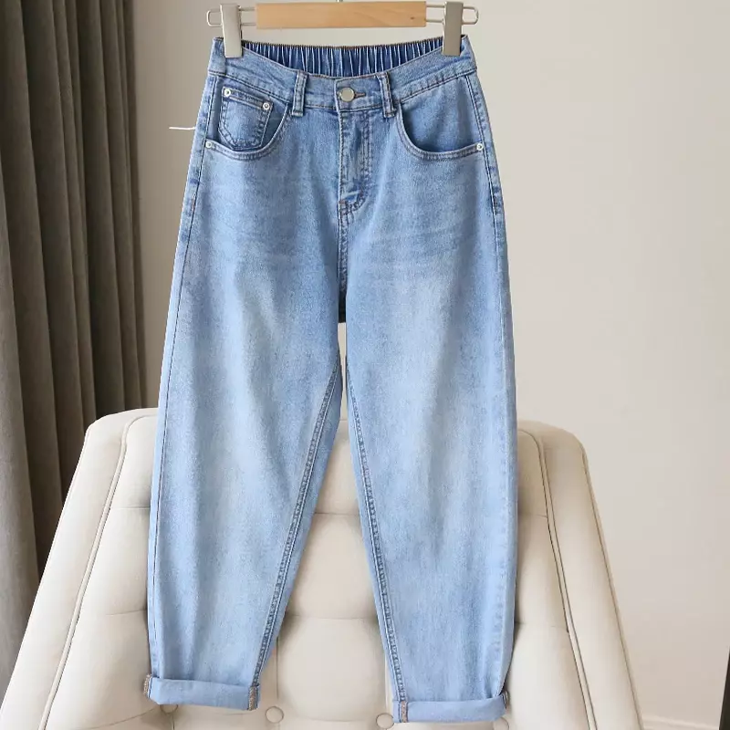 Женские джинсы, демисезонные свободные синие джинсовые брюки с поясом на резинке, новинка 2023, брюки-султанки, женские повседневные брюки
