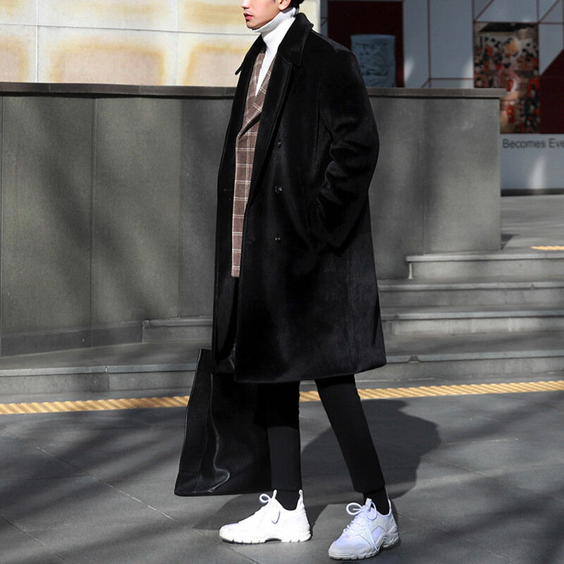 Mantel bulu domba vertikal pria, bergaya Korea musim dingin, mantel Trench wol tebal, panjang menengah, mantel pas longgar