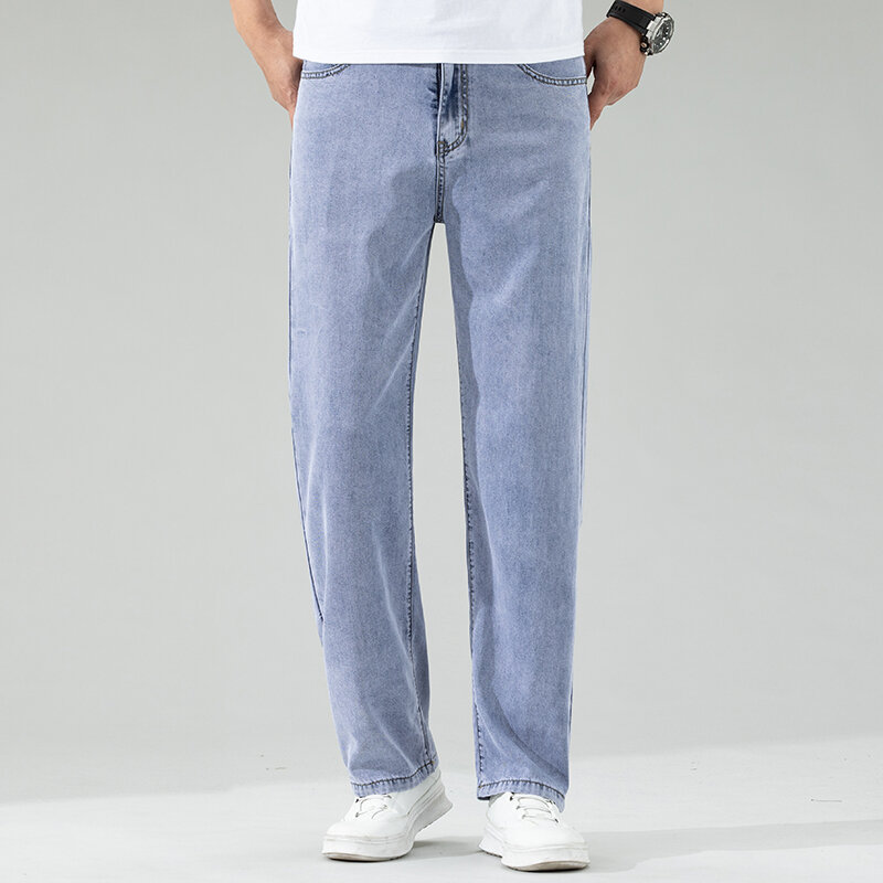 Классические черные прямые джинсы Lyocell для мужчин, летние тонкие мягкие удобные эластичные свободные джинсовые брюки из ледяного шелка, брендовая одежда