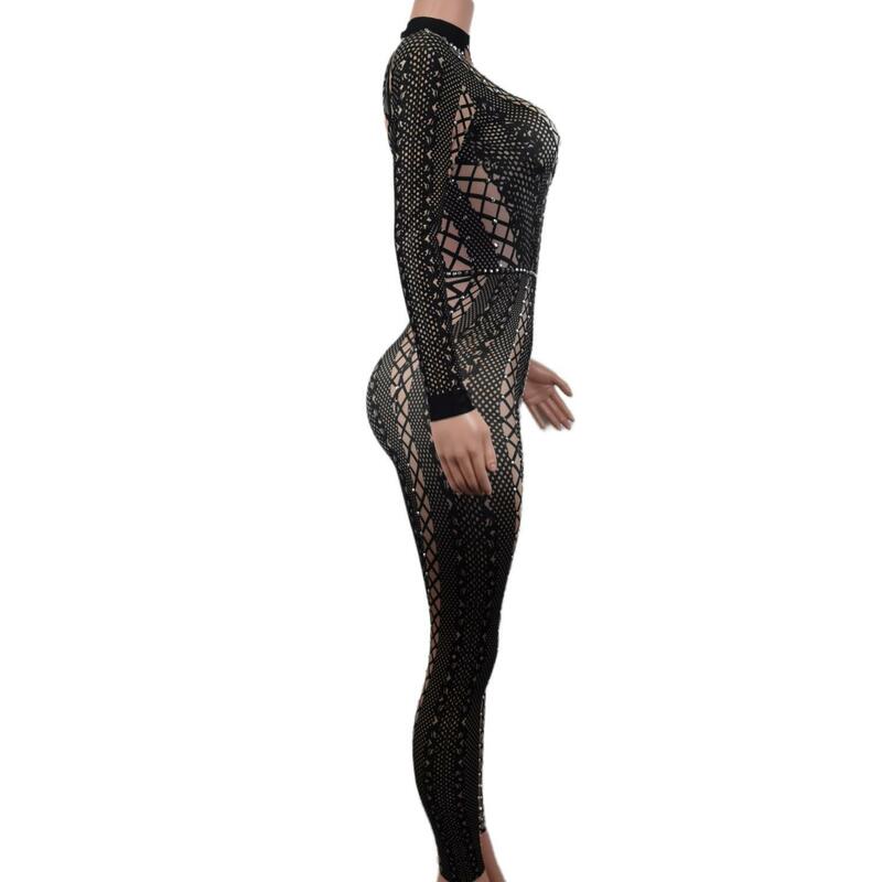Macacão sexy estampado preto feminino, cristais cintilantes bodysuit, comemorar traje de palco, vestidos de boate, festa de aniversário