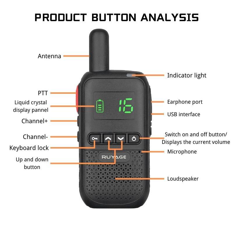 Ruyage-Mini Walkie Talkie recarregável, rádio portátil de duas vias para caça, FRS, PMR446, Q7, 1 ou 2 pcs