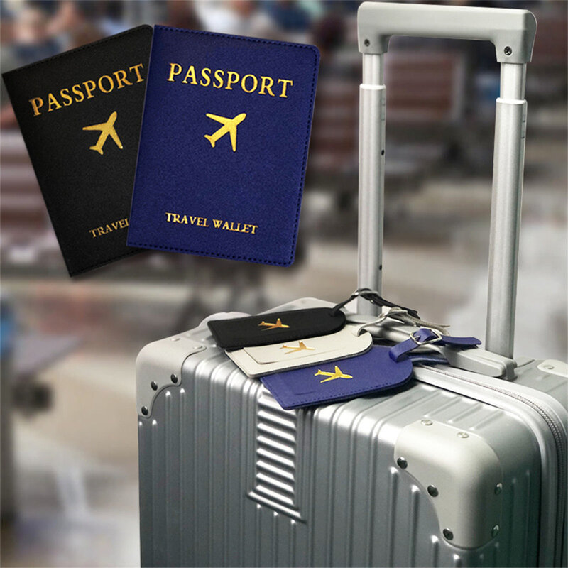 Sarung paspor kulit Pu, 2 buah pelindung paspor kulit Pu perjalanan Id kartu kredit tempat paspor paket dompet tas bagasi wanita nama tempat kartu Tag