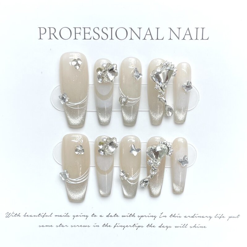 Starry Handmade Nails Press on Full Cover Manicuree Heart Diamond False Nails Wearable Artificial With Tool Kit
