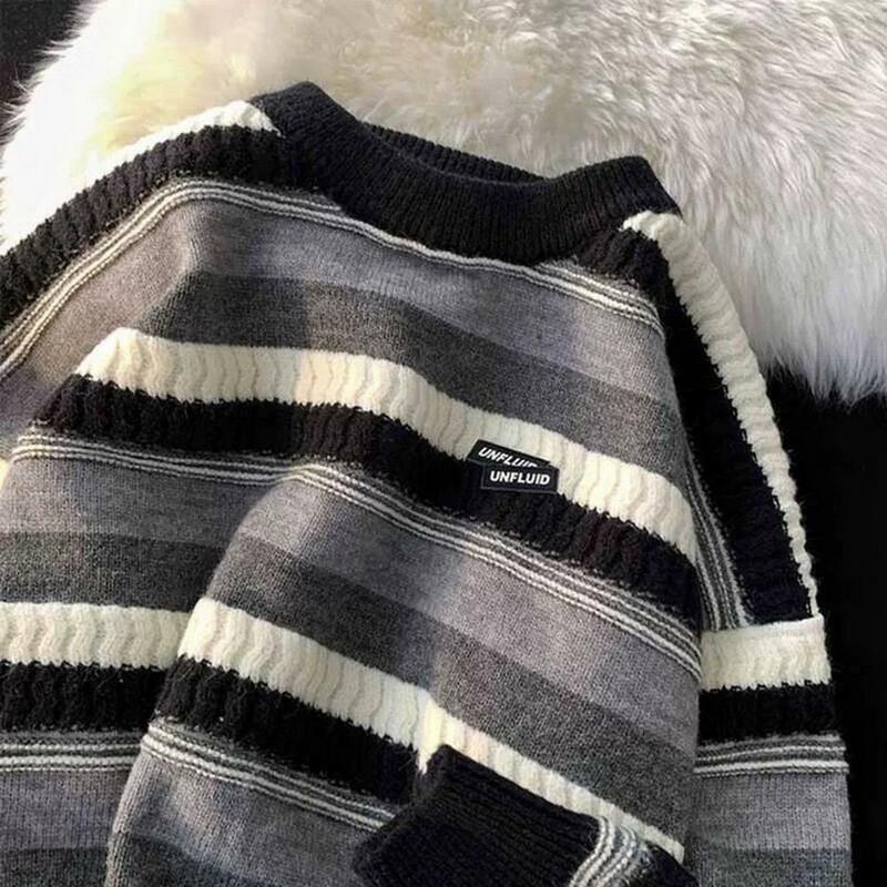Suéter listrado de malha solto masculino, pulôver com gola O, streetwear casual, confortável, macio, outono, inverno