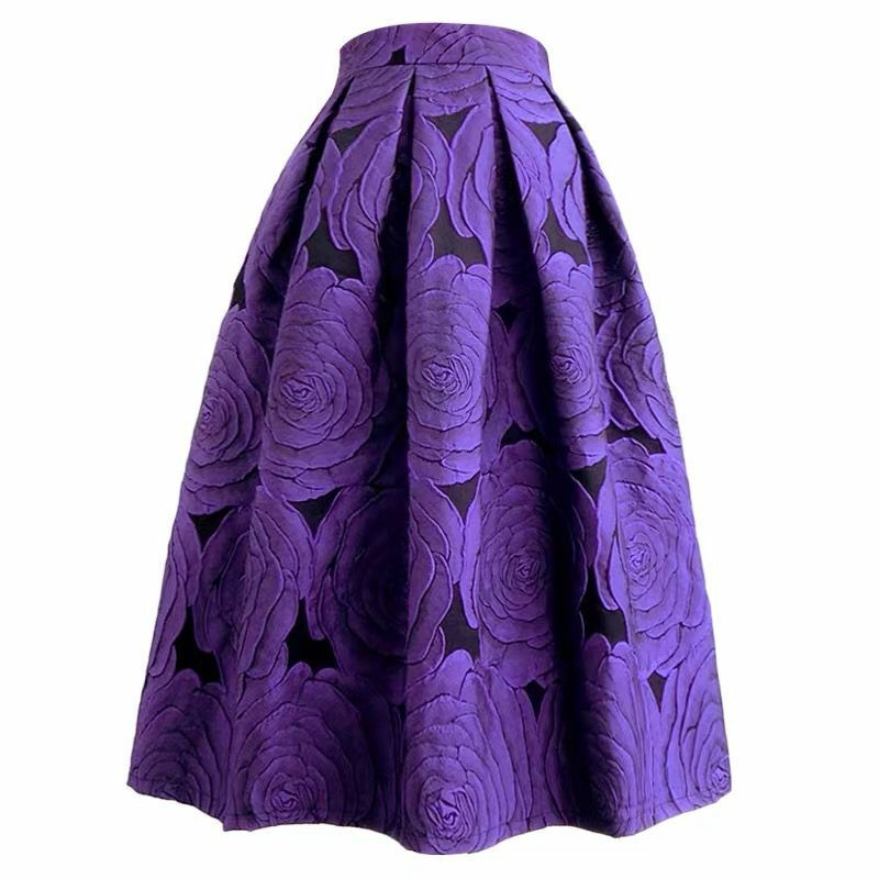 Female Floral Aesthetic Midi Skirt Woman Elegant Purple Rose Pleated Long Vintage New Skirts Ladies Jacquard Umbrella Skirt Q585