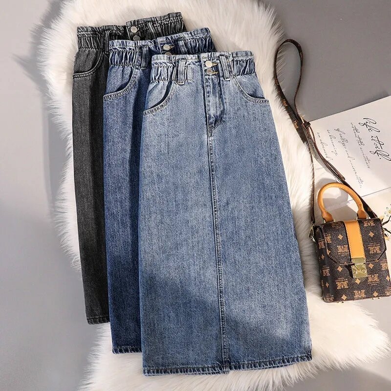 Jupe longue en jean pour femmes, vintage, noir, été