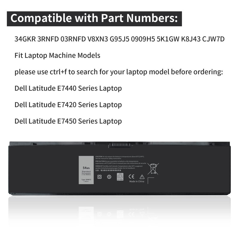 Remplacement de batterie haute capacité pour ordinateur portable Dell, Dell Latitude 14, E7450, E7420 Series, V8XN3, 34GKR, 451-BBOG, BBFV, 7.4V, 54Wh, E7440, 3 Rinverser D