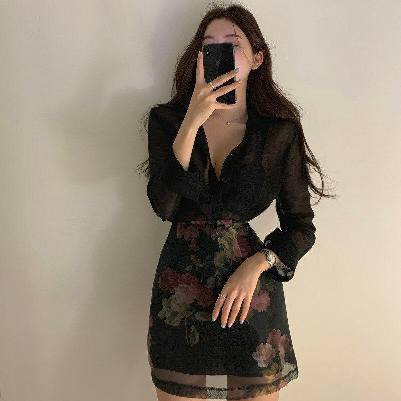 Korea Chic Elegan Wanita 2 Sepotong Set Seksi See-Through Baju Lengan Panjang + Pinggang Tinggi A-line Floral cetak Rok Set 2Pc OL Cocok