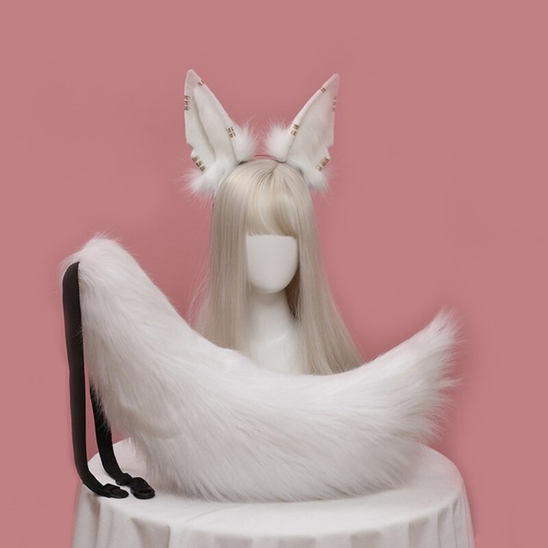 Set Kostum Buatan Tangan Mewah Set Ekor Hiasan Kepala Telinga Serigala Hewan Anime untuk Aksesori Cosplay Natal Halloween