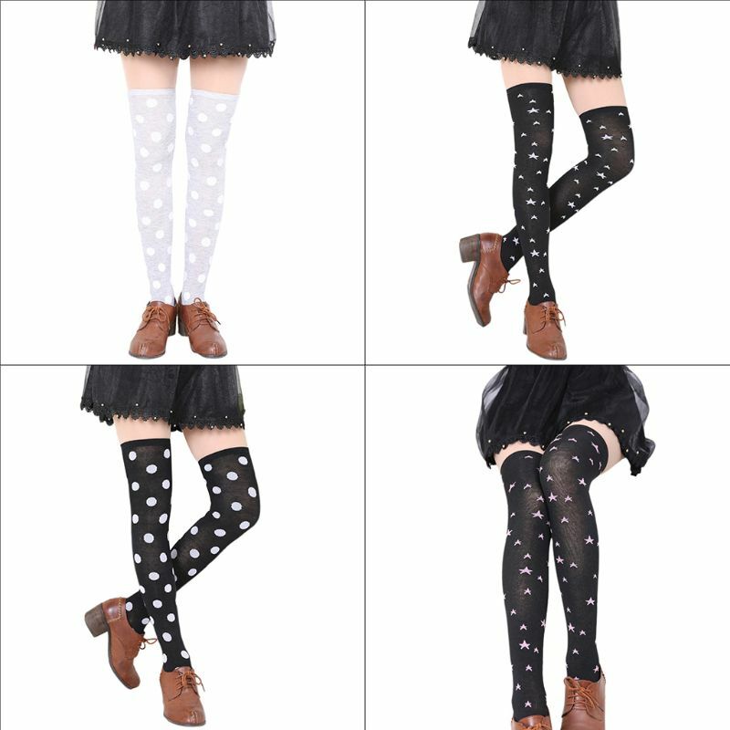 Japanese Preppy Women Girl Over Knee Long Socks Polka Dot Star Print Stret