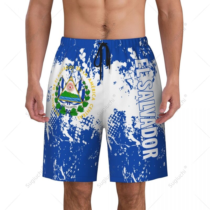 กางเกงชายหาดขาสั้นลายธงเอลซาลวาดอร์สำหรับผู้ชายกางเกงว่ายน้ำเล่นฟุตบอลสำหรับวิ่งโพลีเอสเตอร์