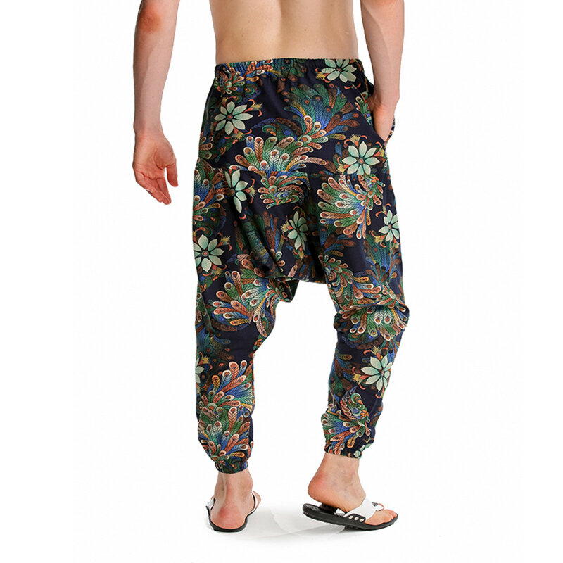 Pantalones de chándal con estampado de pavo real para hombre, pantalones bohemios holgados, algodón, informal, Yoga, tiro caído, Hip Hop tradicional