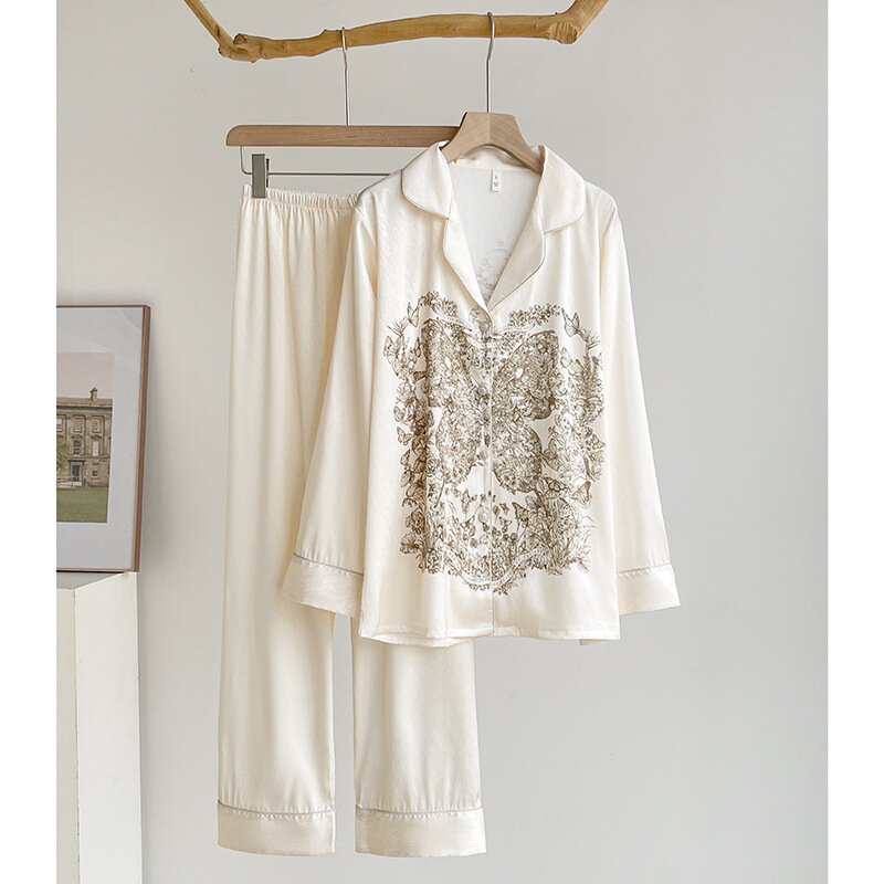 Butterfly Print Nightwear Lady Satin Pajamas Suit 2Pcs Long Sleeve Top&pants Home Clothing Women Loose Rayon Sleepwear Outfit