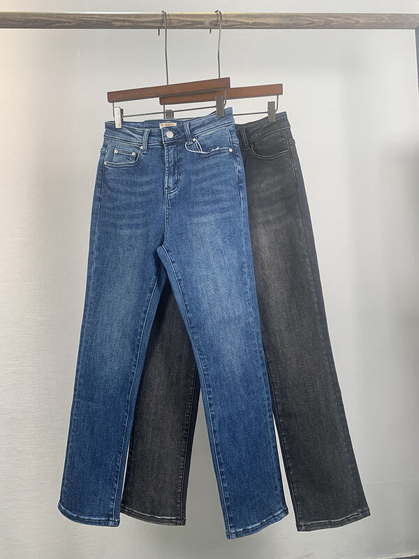 Dames Straight Cropped Denim Broek Hoge Taille Slanke Veelzijdige Elasticiteit Jeans