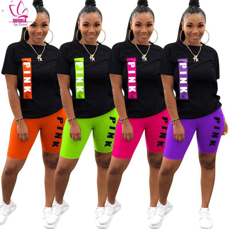SUSOLA Letter Two Piece Outfits for Women Cute Pink Clothing T Shirt Shorts Sweat Suit Lounge Wear Matching Sets