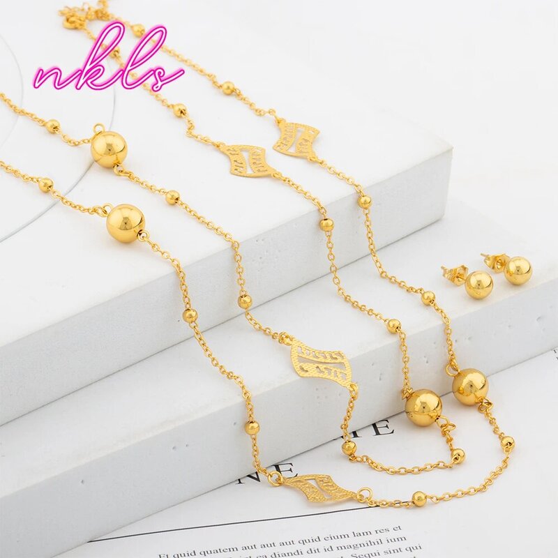 Dubai Vintage Long Necklace Set for Women Gold Color Luxury Chain Necklace Stud Earrings Set Fashion Bridal Jewelry Wedding Gift
