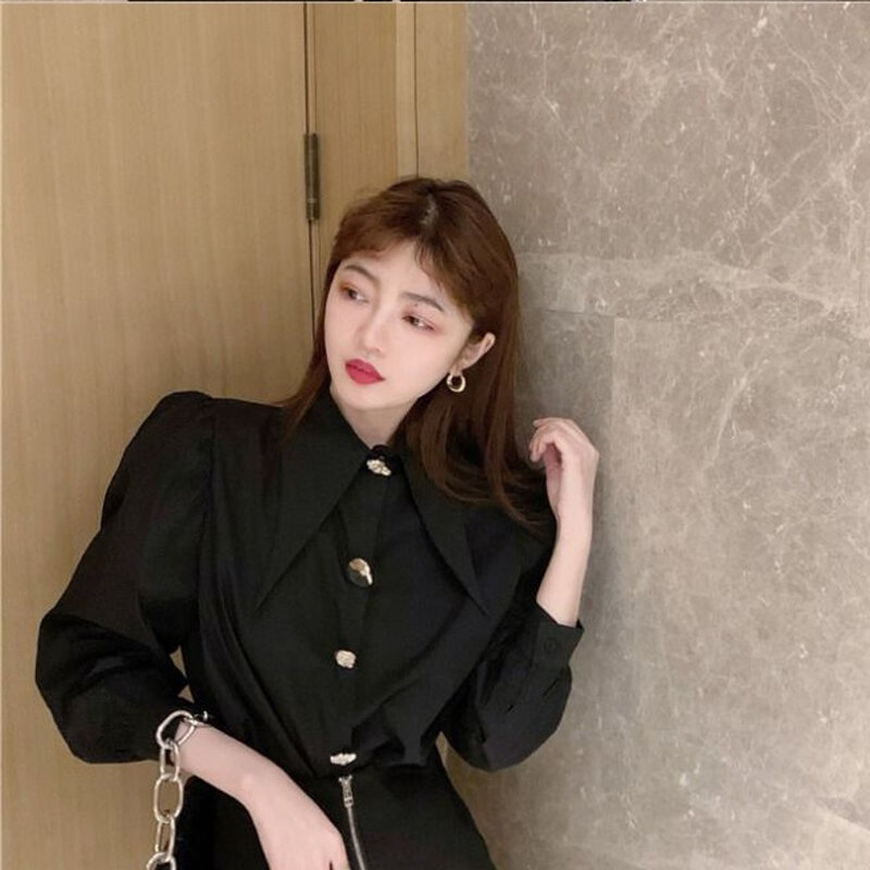 QWEEK Comfort Women's Shirts Sharp Corner Lapel Fashion Lady Blouses Korean Style White All-match Long-sleeved Tops 2022 Autumn