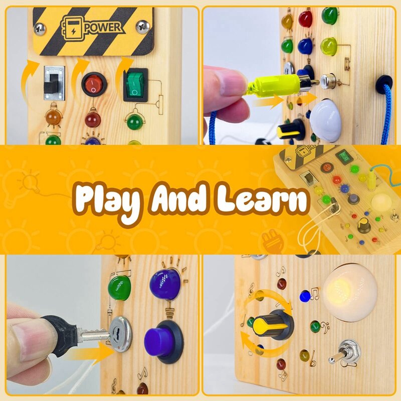 Montessori Placa ocupada de madeira com luz LED, brinquedos educativos sensoriais para crianças, brinquedo interruptor, fácil de usar, 1-3Y