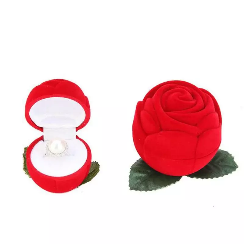 Soporte de anillo de boda romántico, caja de anillo de terciopelo con tallo de flor, caja de joyería de rosa roja, caja de embalaje de joyería de compromiso de boda, 1Pc